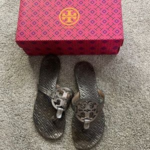 Tory Burch Gunmetal Miller Quilted Sandals